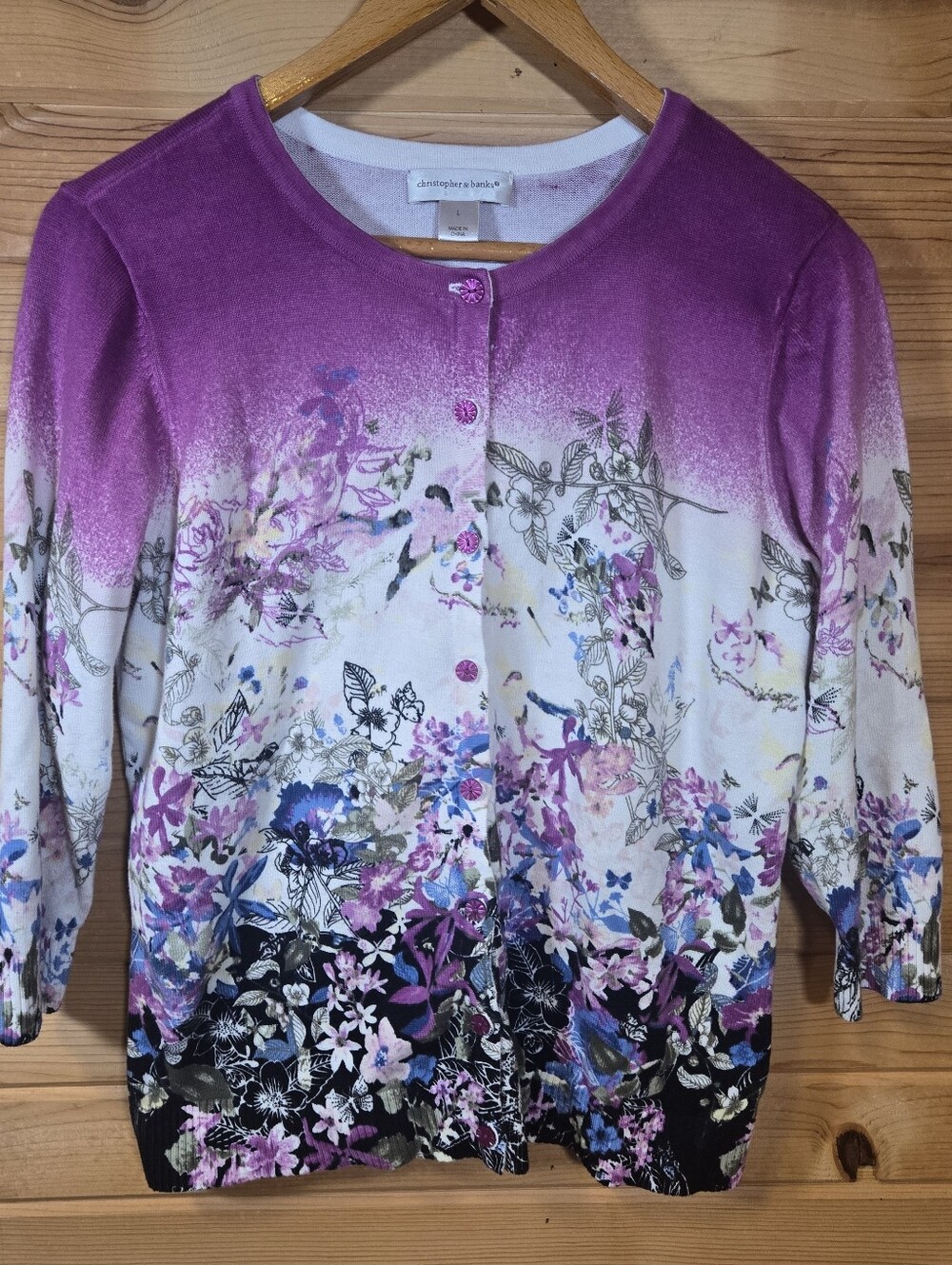 Christopher & Banks Cardigan Sweater Cotton Women's Large Floral Purple White